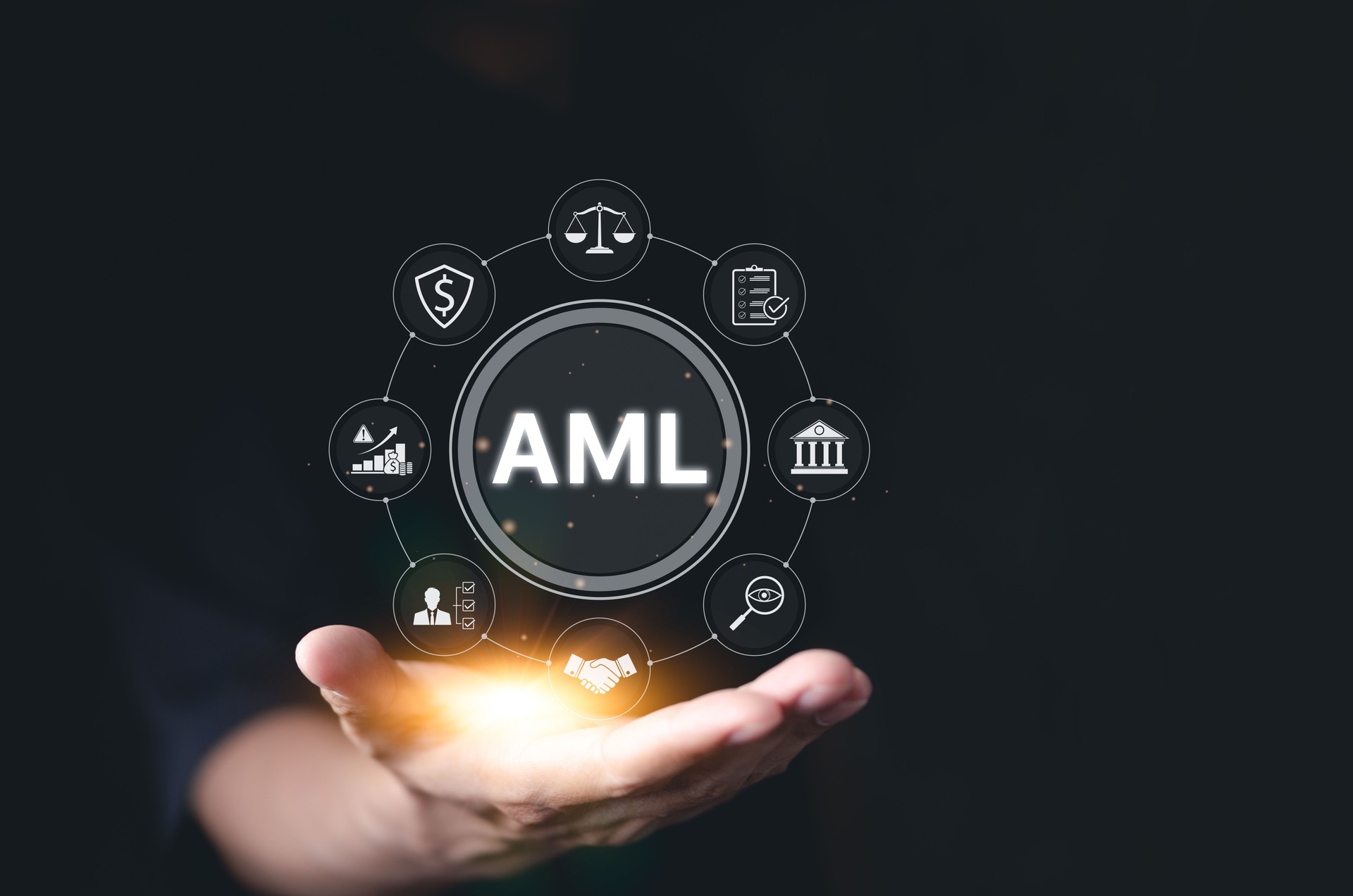 AML, Anti Money Laundering and Financial Compliance Concept. Businessman presenting AML, icons for banking, security, monitoring, compliance, measures to prevent financial crime, regulatory adherence,